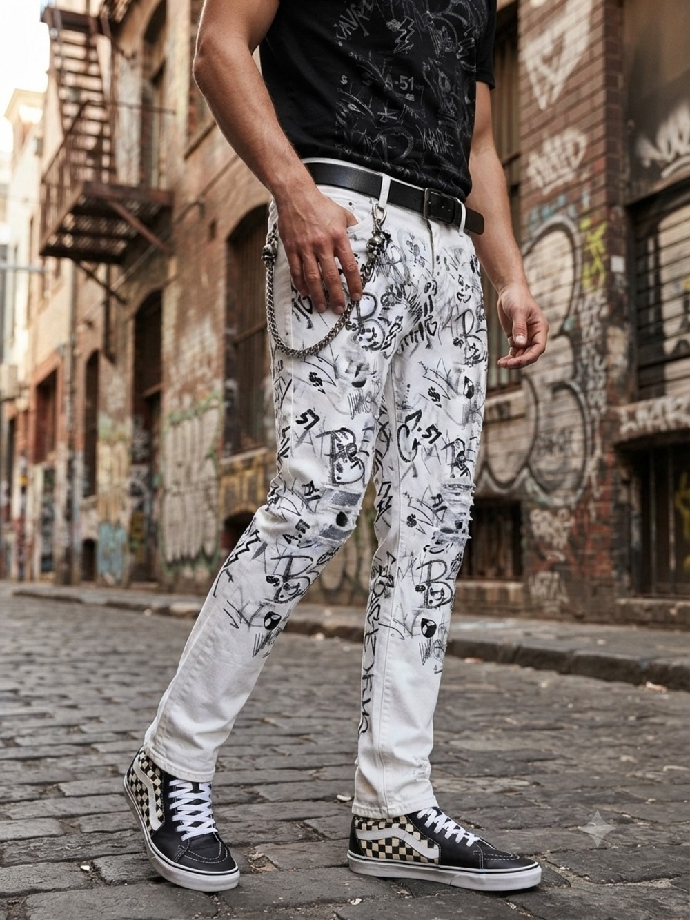 Ron Tomson Los Angeles White Graffiti Distressed Streetwear Jeans Size 40